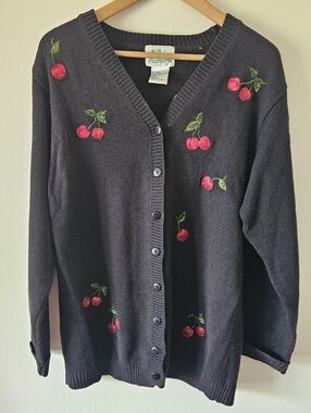 Vintage Quacker Factory Cherry Embroidered And Sequin Black Cardigan Sweater